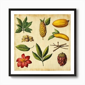 Illustration Of Tropical Fruits And Flowers Art Art Print