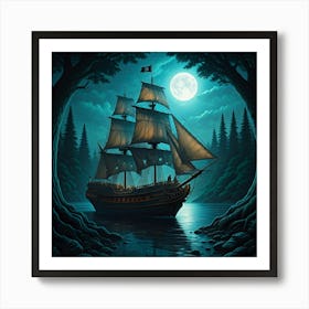 Pirate Ship At Night Art Print