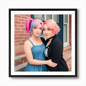Girls Embracing In front of a Brick House Art Print