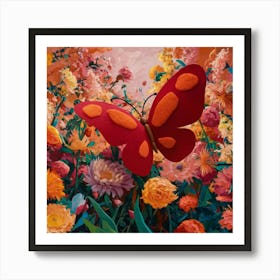 A captivating cinematic illustration featuring a stunning, vibrant acrylic felt paper butterfly perched gracefully atop an impasto painting. The painting, inspired by the artistic styles of Henri Matisse, Haley Josephes, Biruta Baumane, and Rafał Olbiński, brings to life a lush, vivid garden teeming with an exuberant array of blooming flowers. The rich, bold colors harmoniously blend complementary hues, creating a dazzling, eye-catching display. The overall atmosphere of the piece exudes a magical, whimsical charm while exuding an undeniable sense of power and strength, capturing the essence of nature's breathtaking beauty in a stunning, poster-worthy composition., cinematic, painting, poster, vibrant, illustration Art Print