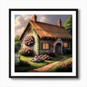 Peaceful Cottage Retreat With Pink Roses Art Print