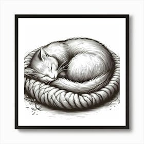 Cat Sleeping In A Basket Art Print