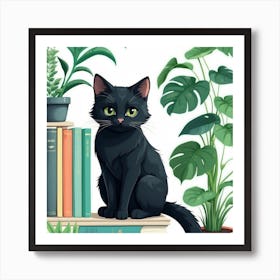 Black Cat On Bookshelf Art Print