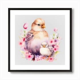 Watercolor Spring Mama And Baby Chickens Art Print