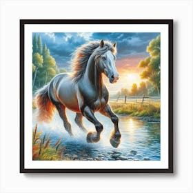 Horse Running In The Water Art Print