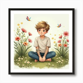 Justin Bieber In A Peaceful Watercolor Garden, Surrounded By Flowers Art Print