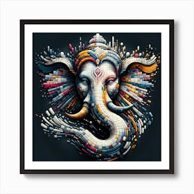 "Pixelated Deity" - This piece is a contemporary interpretation of Ganesha, the Hindu god of new beginnings, rendered in a strikingly modern, pixelated style. The deity's iconic elephant head is composed of a myriad of colorful blocks that cascade into a fluid form, symbolizing the merging of tradition with the digital age. The intricate patterns and vibrant colors celebrate Ganesha's attributes of wisdom, protection, and intellect. Ideal for the modern home or office, this artwork bridges the gap between ancient symbolism and contemporary design, making it a compelling choice for those who appreciate art with a spiritual dimension that speaks to the zeitgeist. "Pixelated Deity" is a testament to innovation, honoring the past while embracing the future. Art Print