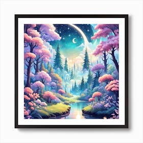 A Fantasy Forest With Twinkling Stars In Pastel Tone Square Composition 18 Art Print