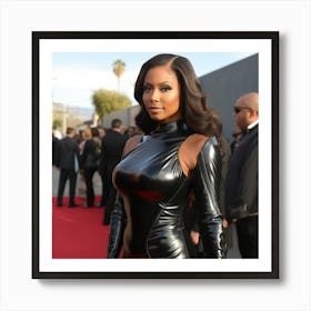 A Sexy Black Woman In A Latex Dress Attending on Red Carpet Curvey Long Hair Shoulders - Created by Midjourney Art Print