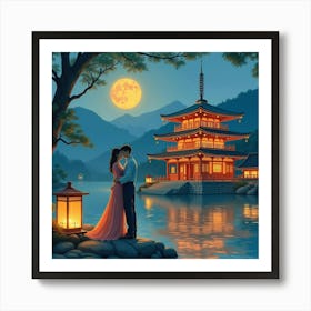 Japanese Couple Embracing In Front Of A Glowing Temple, Lanterns Reflecting On The Water, Watercolor Art Print