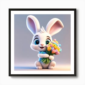 Cartoon Bunny With Flowers Art Print