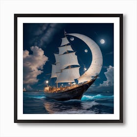 Sailing Ship At Night Art Print