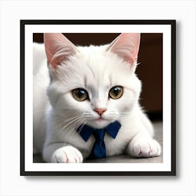 White Cat With Blue Tie Art Print