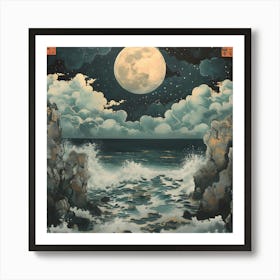 Japanese Moon Over The Ocean Affiche