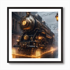 Steam Train In The Rain Art Print