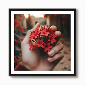 Red Flowers In A Hand Art Print