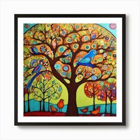 Art Drawing Trees And Birds Scene Folk Art Style I (5) 1 Art Print