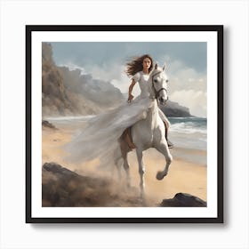 Woman Riding A White Horse Art Print