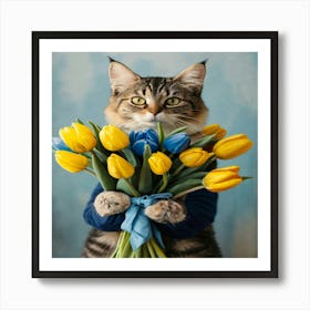 Cat Holding Tulips Art Print