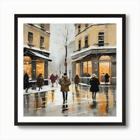 Paris cafes, winter season, Christmas, pale colors, pedestrians in the street, winter clothes, falling snow.5 Poster