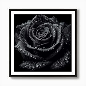 Black Rose With Water Drops Art Print