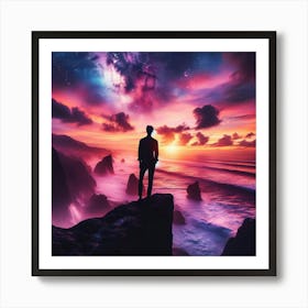 Man Standing On Cliff At Sunset Art Print