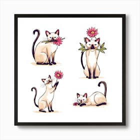 A charming and whimsical illustration of a Siamese cat in four distinct poses, 1 Art Print