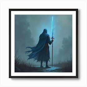 A Warrior Standing In A Battlefield, Sword Glowing Blue 1 Art Print