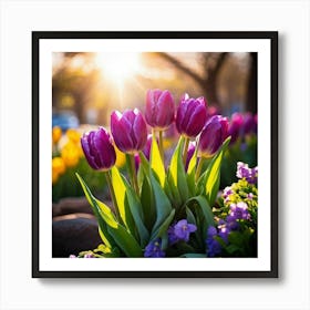 Bouquet Of Vibrant Purple Tulips Rising Toward A Majestic Sun In A Lush Spring Park Three Graceful (5) Art Print