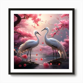 Two Cranes In Cherry Blossoms Art Print