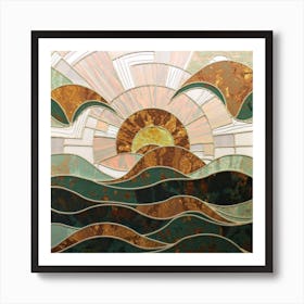 Straight and broken flowing lines and tree shapes, gold, sage, in the form of a tropical ocean. 1 Art Print