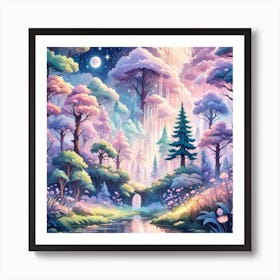 A Fantasy Forest With Twinkling Stars In Pastel Tone Square Composition 287 Art Print