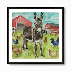 Donkey And Chickens 1 Art Print