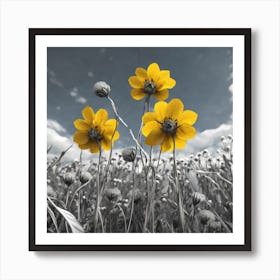 Three Yellow Flowers In A Field Art Print
