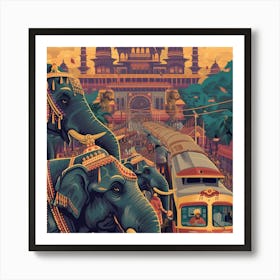 Elephants On The Train Art Print