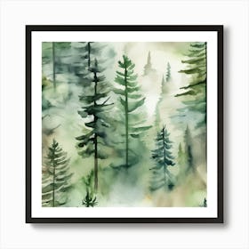 Appalachian Mountains of Misty Pines Watercolor Print of Evergreen Forest..370 Art Print