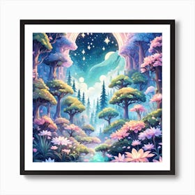A Fantasy Forest With Twinkling Stars In Pastel Tone Square Composition 6 Art Print