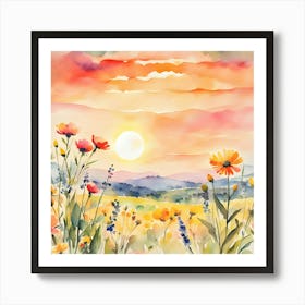 Wildflowers Sunset, Square Retro Art, Flower Fields Art Print