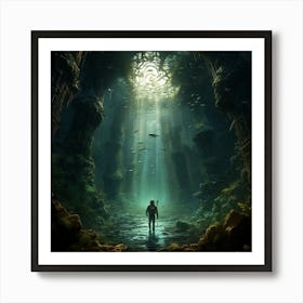 Man Walking Through A Cave Art Print