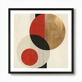 Dynamic Circles: Minimalist Geometry in Red, Black, White, Beige, and Gold Art Print