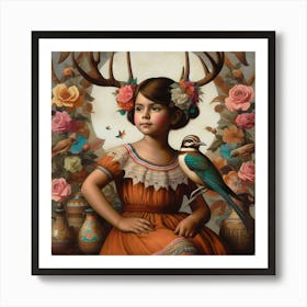 Girl With Antlers Art Print