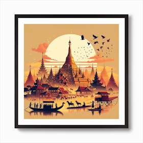 Sunset In Myanmar Art Print