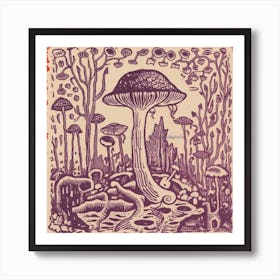 Mushroom Woodcut Purple 6 Art Print