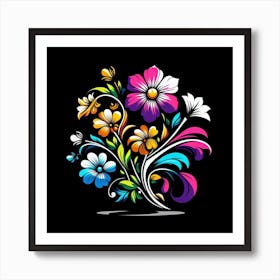 Colorful Floral Design On Black Background Art Print