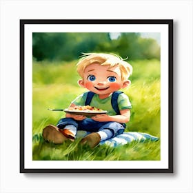 Little Boy Eating In The Grass Art Print