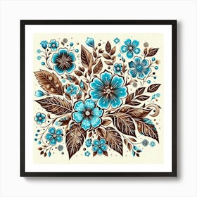 Batik, Blue And Brown Flowers Art Print