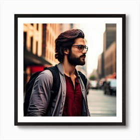 Man Black Hair Beard Red Brown Shirt Looking Away Black Backpack Glasses Metal Building (3) Art Print