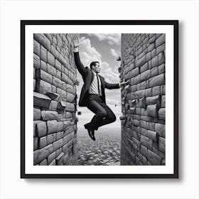 Businessman Jumping Over Brick Wall 1 Art Print