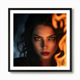 Portrait Photo Of A Woman Featuring Oversized Piercing Eyes Emitting A Flame Like Scarlet Hue Gaze Art Print