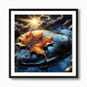 A large dry maple leaf on a huge shiny black stone, both the leaf and the stone are filled with small raindrops. Art Print